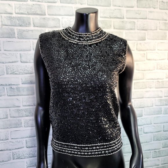 Vintage 60s‎ Sweater Bee by Banff Womens S Black Sequin Cocktail Evening Tank - Picture 1 of 7